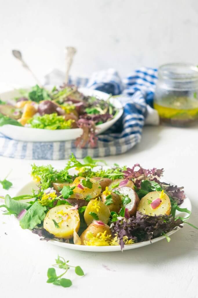 Make the most of fresh spring harvest with this light, healthy Spring Greens and New Potato Salad. This 30 minute Vegan and Gluten Free recipe is incredibly delicious and beautiful to look at! | www.thelastcookie.ca