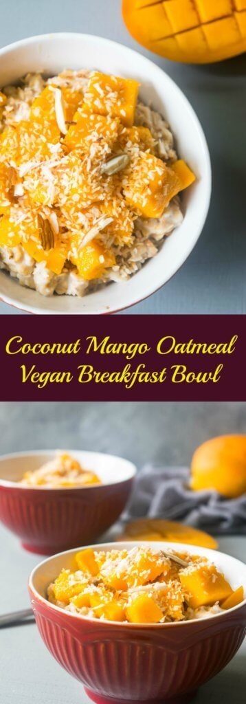 This vegan coconut mango oatmeal will transport you to a tropical paradise! This creamy oatmeal is a filling, healthy and incredibly delicious breakfast. | www.thelastcookie.ca