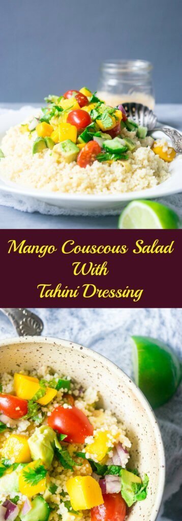 This incredible couscous salad is light and refreshing with sweet mangoes, cucumbers, summer vegetables and a spicy tahini dressing. A delicious blend of flavors for summers! | www.thelastcookie.ca